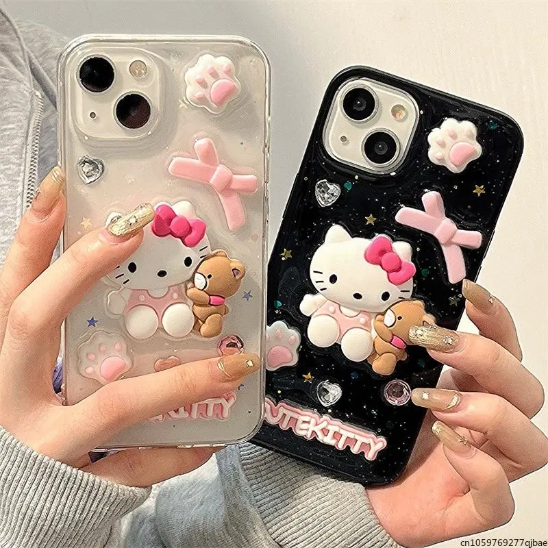 

3D Cartoon Cute Sanrio Hello Kitty Phone Case For iPhone 14 13 12 11 Pro Max Mini X XR XS MAX 7 8Plus Anti-drop Back Cover Gift