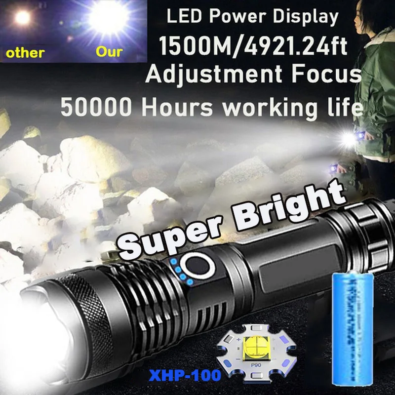 

High Power XHP100 Led Flashlight Rechargeable 4 Core Torch Zoom Usb Hand Lantern For Camping, Outdoor & Emergency Use