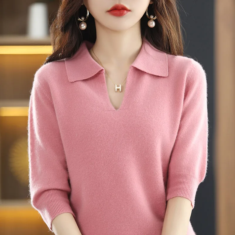 

Spring And Autumn New Knitted Lapel Pullover Five-Point Sleeve Loose Sweater Bottoming Top Women