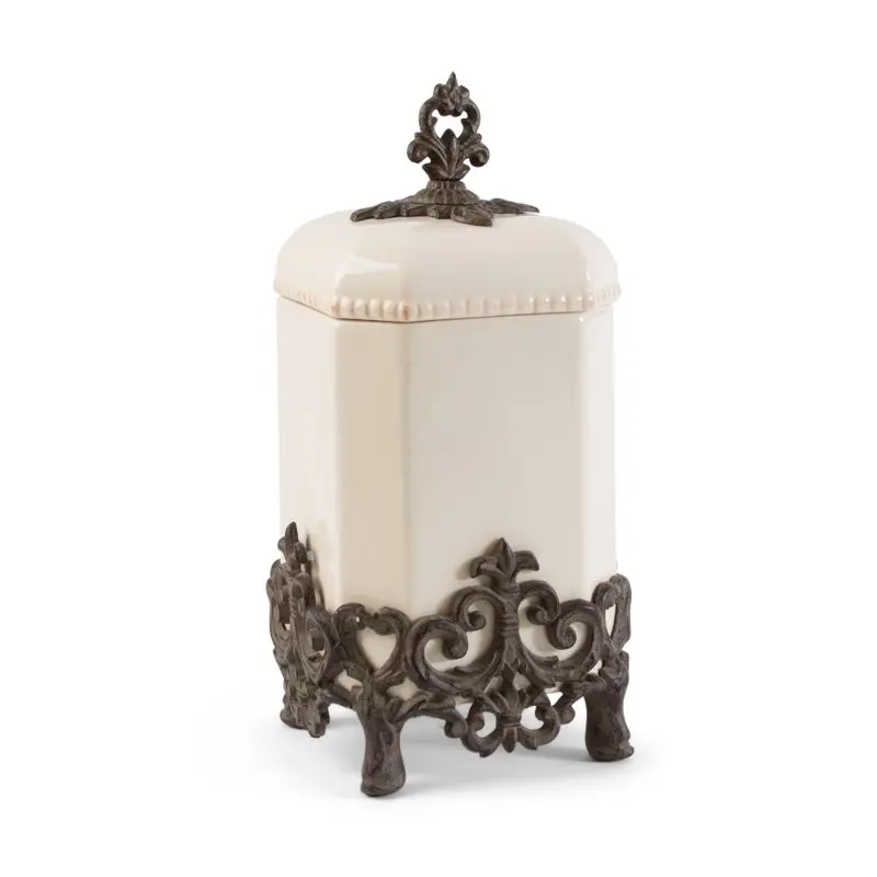 

Elegant Refined Bronze Cream Provencial Canister with Durable Fleur De Lis Metal Base, Perfect Home Decor and Organization Solut