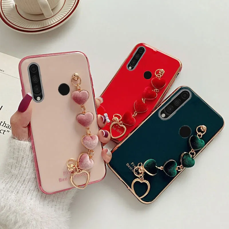 

For Huawei P30 Lite Case Luxury Plating Heart Wrist Chain Silicone Case For Huawei P20 P30 Pro P40 Y9S Mate 10 20Lite PSmart2021