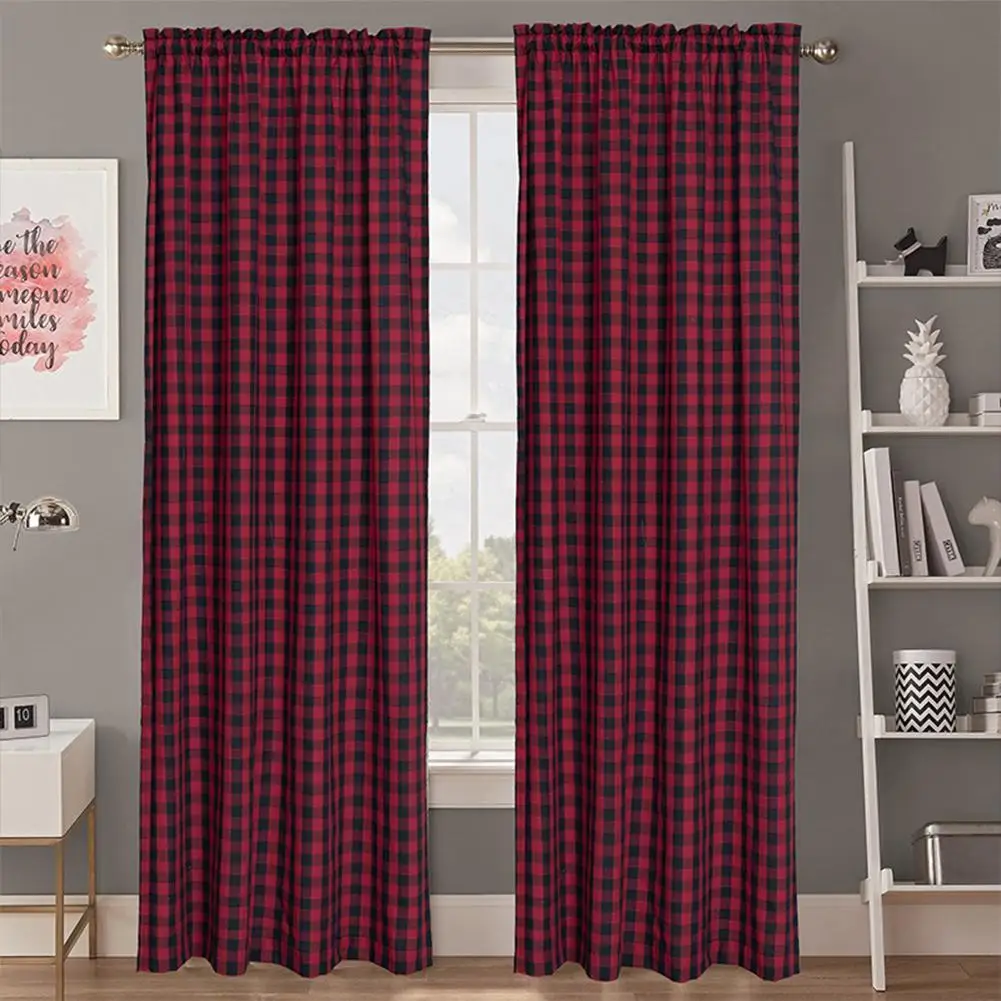 

2pcs Polyester Plaid Curtains Nordic Style Rod Farmhouse Country Curtains For Living Room Bedroom