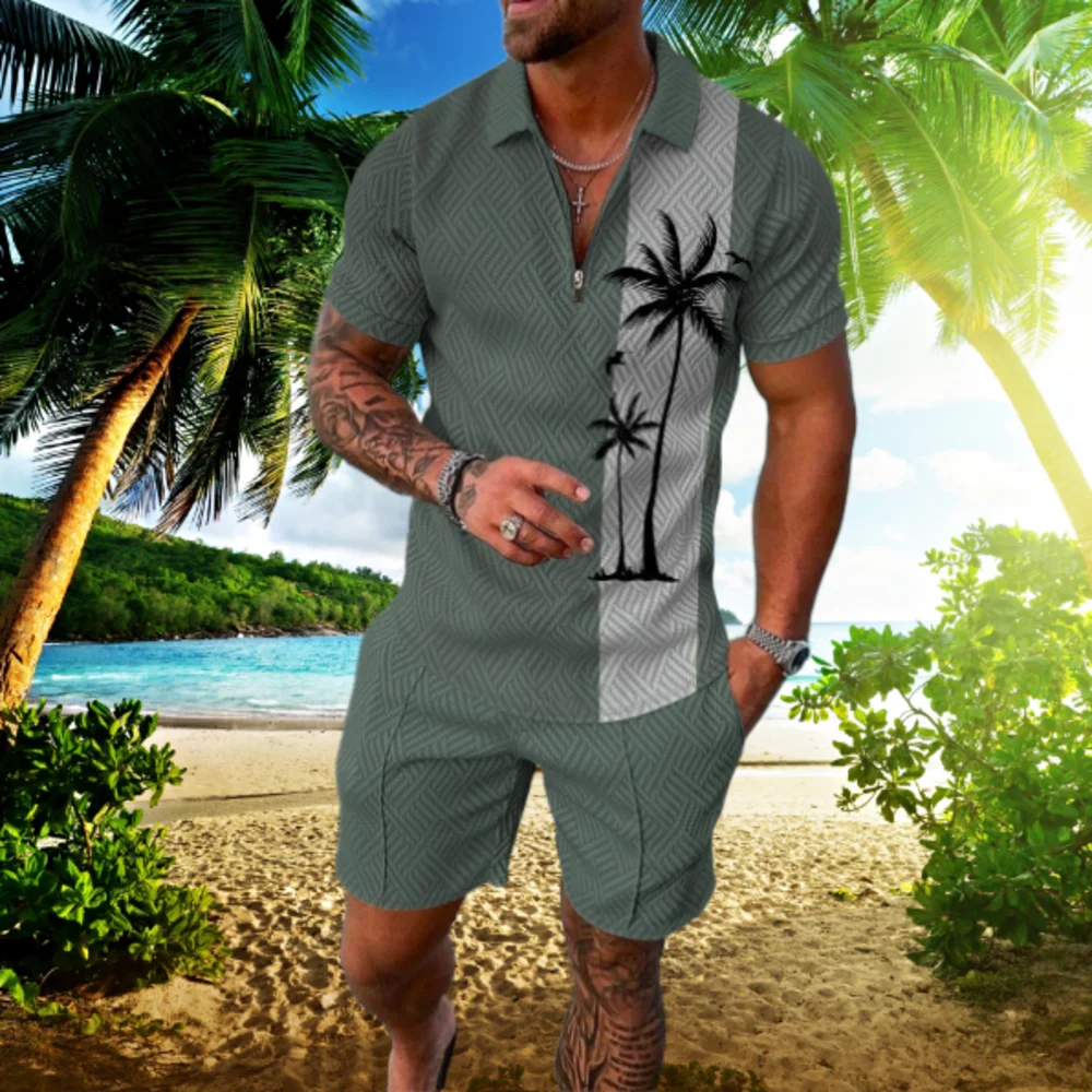 Hawaiian Polo Shirt 2 Piece Outfits Summer Tracksuit Luxury Men Coconut Palm Print Fashion Beach Vacation Short Sleeve Polo Set