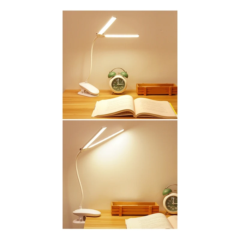 

LED Clamp Double Head Desk Lamp Flexible Gooseneck Touch Dimming Table Lamp USB Charging Clip On Lamp For Office