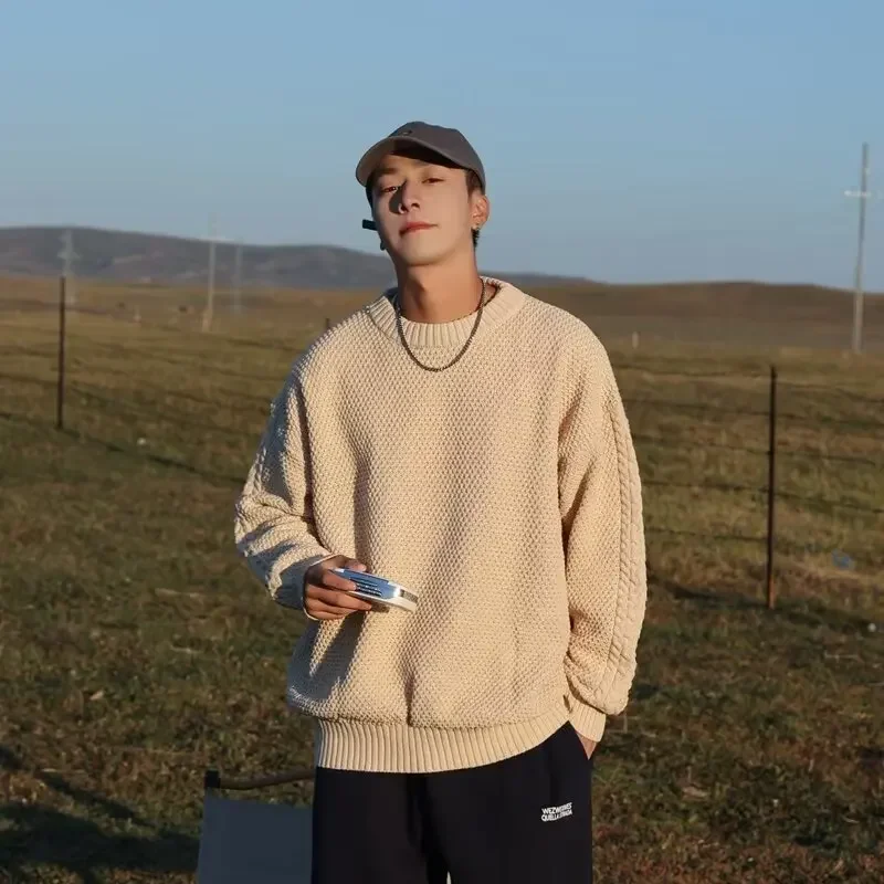 Мужской свободный свитер с круглым вырезом вязаный топ однотонный пуловер