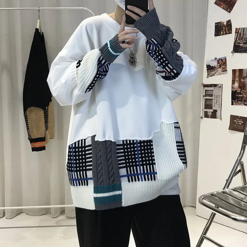 

Spring Spliced Knitted Men Long Sleeve O Neck T Shirts Black White Hip Hop Punk Harajuku Fashion Oversized Pullovers Streetwear
