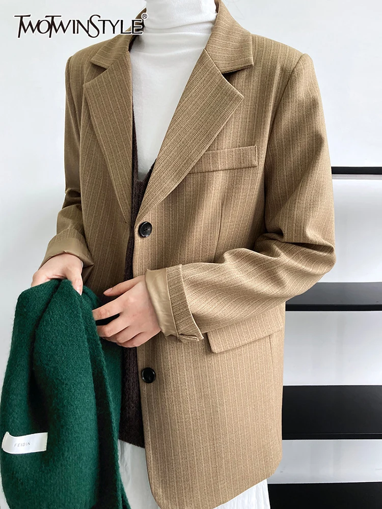 

TWOTWINSTYLE Striped Blazer For Women Notched Collar Long Sleeve Single Breasted Minimalist Fashion Coats Female Clothing Autumn