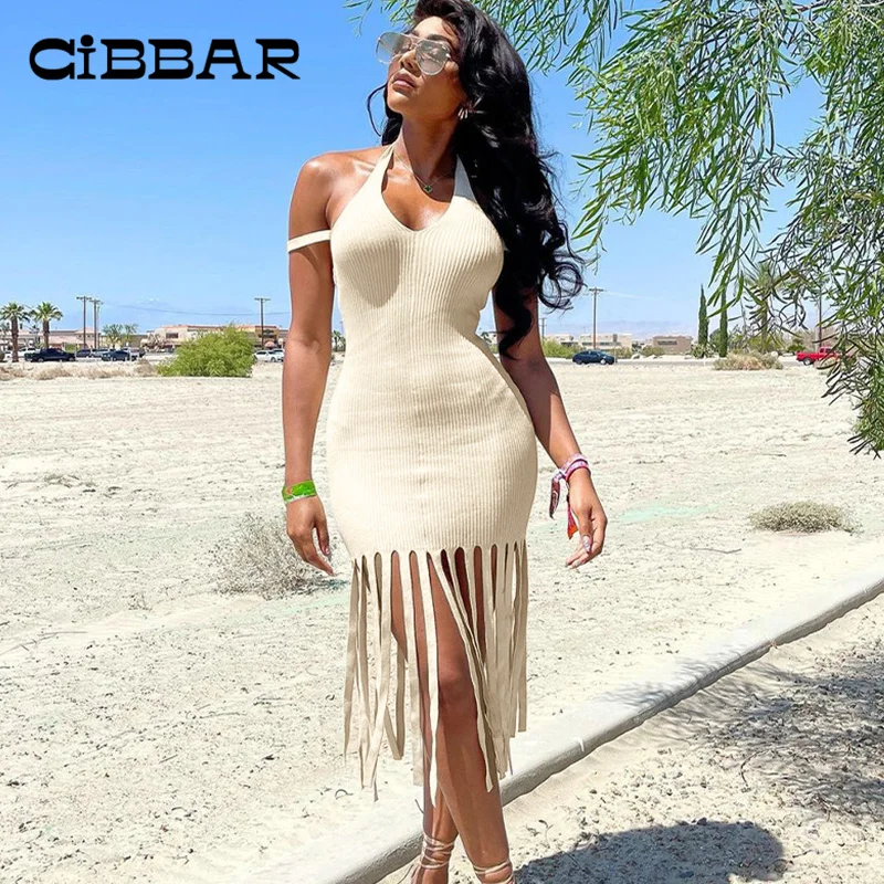 

Женские модные элегантные облегающие платья CIBBAR с кисточками, Летний Пляжный сарафан с открытой спиной и лямкой на шее, одежда для вечеринк...