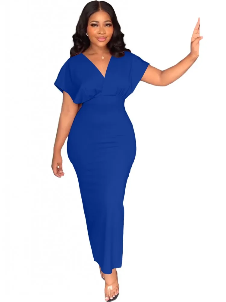 

Elegant Women Maxi Dress Fashion Casual Split V-neck Short-sleeve Dress Summer Long Vestido Lady Party Blue Robe Sexy Mujer