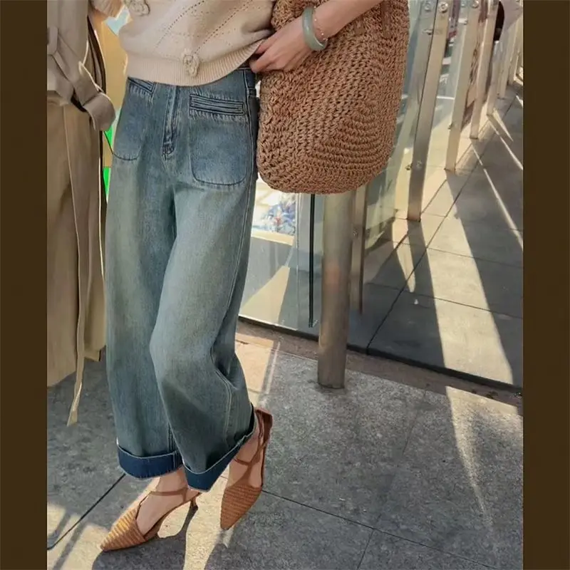 

2023 Spring New Hong Kong Flavor Denim Straight Nine Points Pants High Waist Thin Wide Leg Two Wear Retro Color Jeans Female