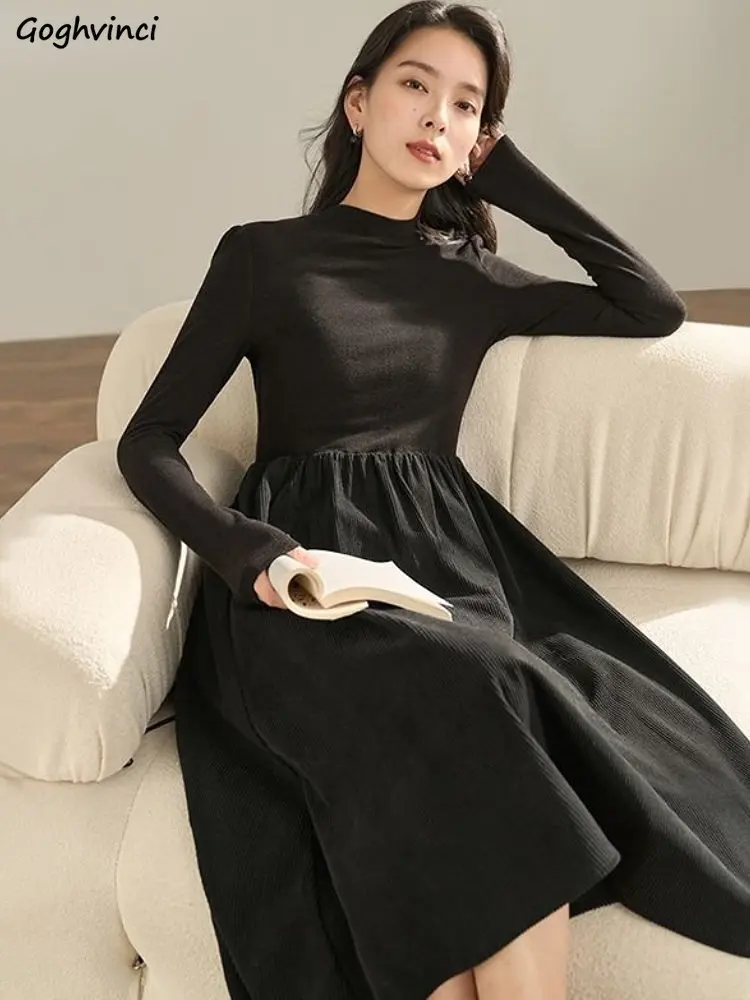 

Женское винтажное платье с длинным рукавом, элегантное вельветовое платье для зрелых женщин, элегантное минималистичное платье, универсальные весенние платья до середины икры