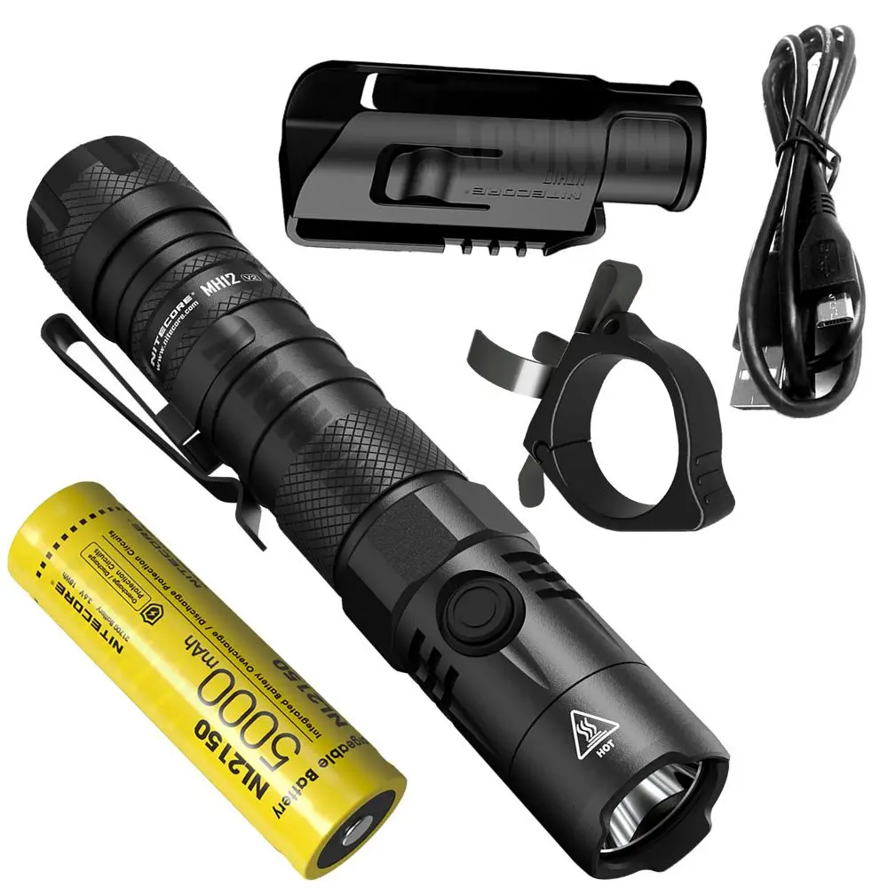 Nitecore MH12v2 1200 Lumen CREE XP-L2 V6 LED USB type-C Rechargeable Flashlight +5000mAh 21700 Battery + NTR10 Tactical Ring Pro