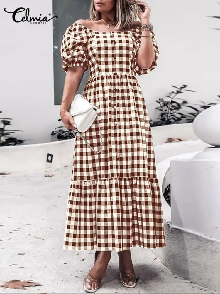 

Celmia Women Plaid Long Dresses Sexy Off Shoulder Puff Short Sleeves Sundress 2022 Summer Elegant Stitching Buttons Maxi Robes