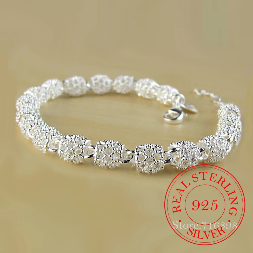 

Женский браслет из серебра 925 пробы, с матовым полым шариком, на цепочке, Ювелирное Украшение для свадебной вечеринки в ретро стиле, подарок ...