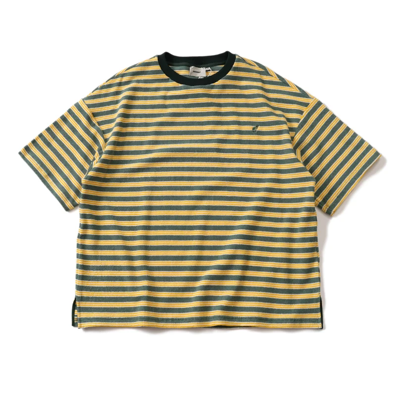 

Футболка мужская с коротким рукавом, текстурная ткань в японском винтажном стиле, свободная профильная рубашка с желтыми и зелеными полосками, лето