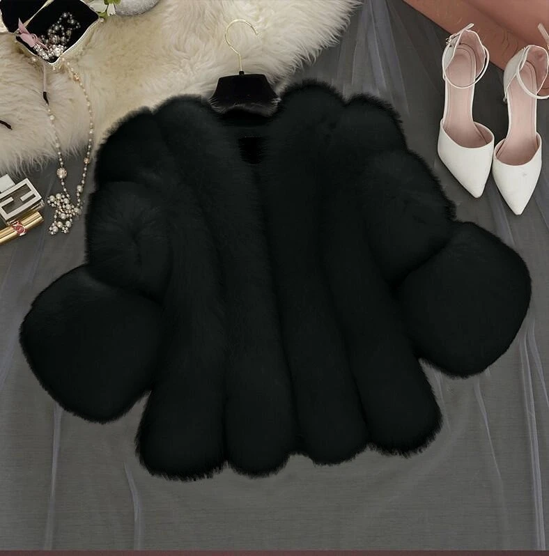 Winter New Imitation Fur Women‘s Coat Imitation Fox Fur Short Section Stitching Three-quarter Sleeves Faux Fur Free Shipping