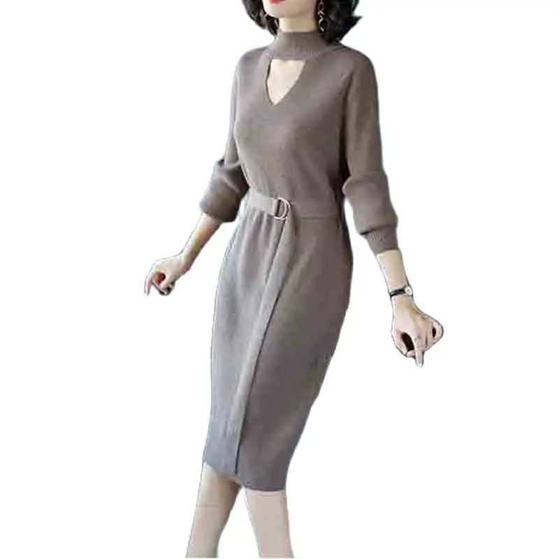 

Новинка Осень-зима 2022, женское платье-свитер, модное облегающее трикотажное платье-пуловер средней длины с длинным рукавом и завязкой выше колена