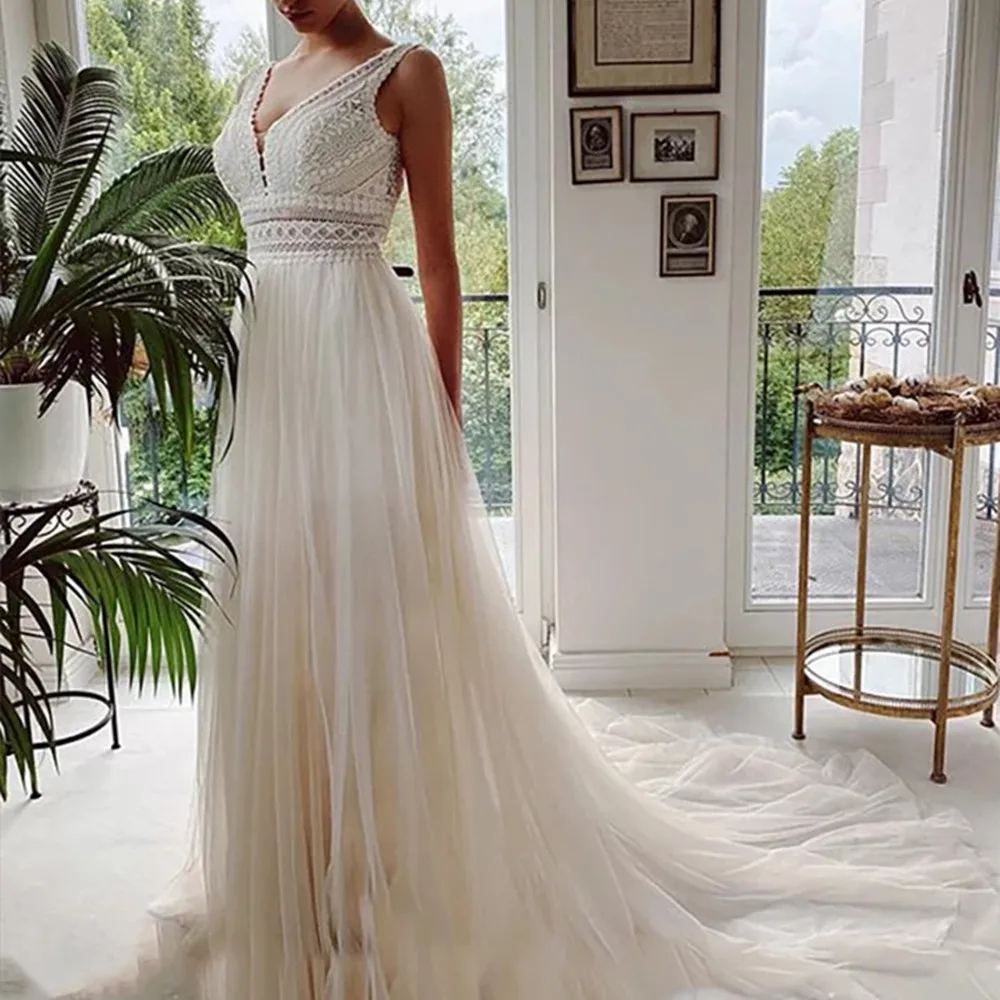 

Vestido De Novia V Neck Boho Wedding Dresses 2022 Sexy Beach Lace Wedding Gowns Elegant Bohemian Tulle A Line Bridal Dress