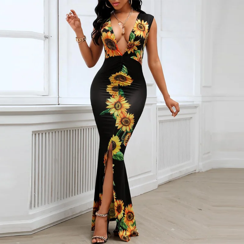 

Sexy Deep V Neck Slit Long Dress For Women Fashion Plunge Sunflower Print Sleeveless Slim Evening Party Dresses Summer Clothing