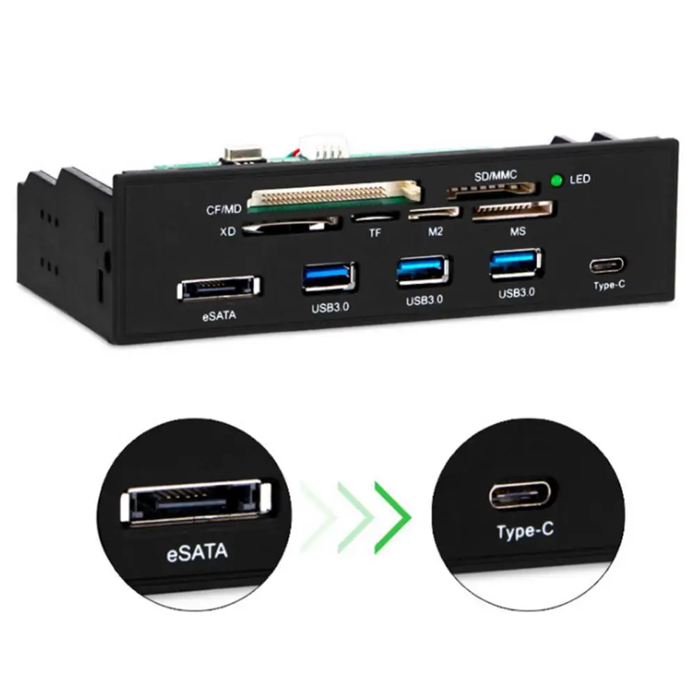 

Multi-Port PC Front Panel Internal USB3.0/3.1 eSATA Support Type-C SD/CF/TF/SDHC/MMC/SDXC/MD cards Reader Hub for Computer