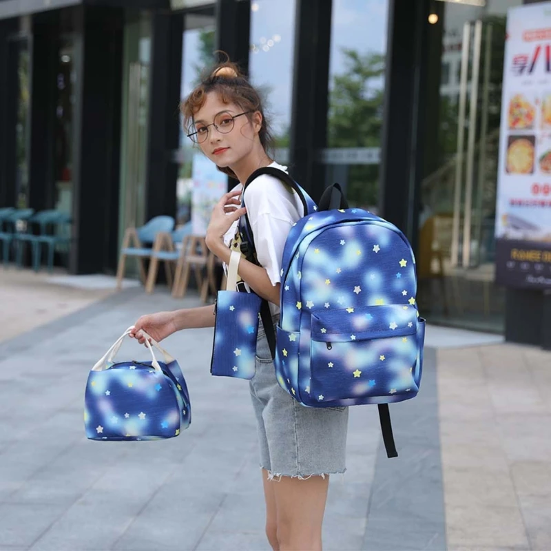 3pcs School Backpacks for Teen Girls Nylon Bookbags Travel Laptop Daypack Lightweight with Lunch Bag Pencil Case Set