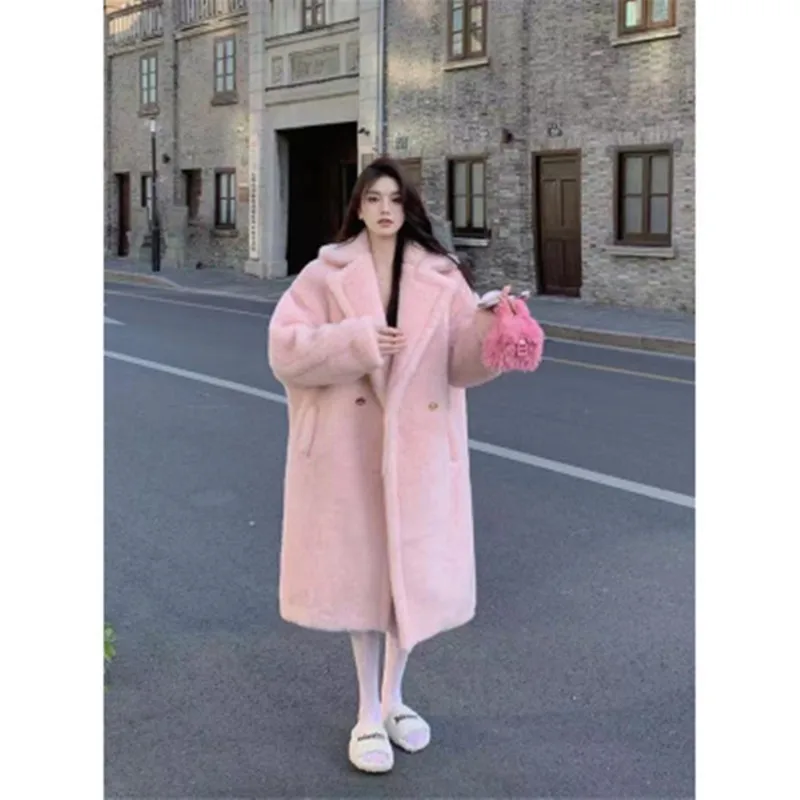 

Faux Fur Teddy Bear Woolen Jacket Coats Female New Winter Christmas Women Lapel Double Breasted Thick Warm Long Overcoat