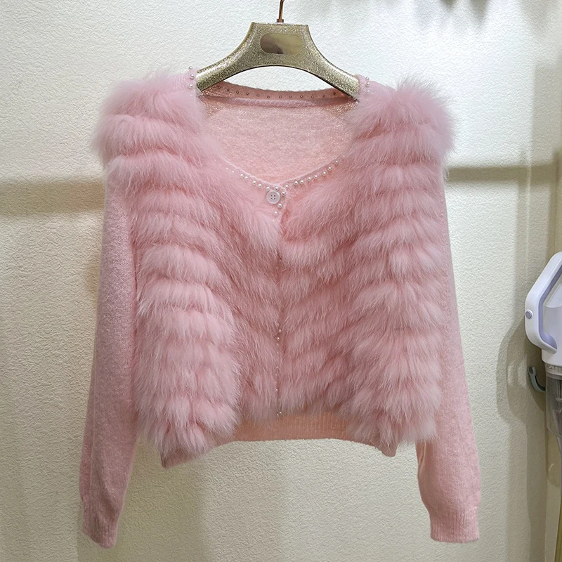 Women Real Fox Fur Oversize Loose Spring Fox Fur Strip Sewed Pearls Beading Outside Decoration Lady's Fashion Sweater Coat