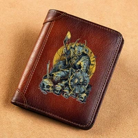 high quality genuine leather men wallets viking warrior skull printing short card holder purse luxury brand male wallet