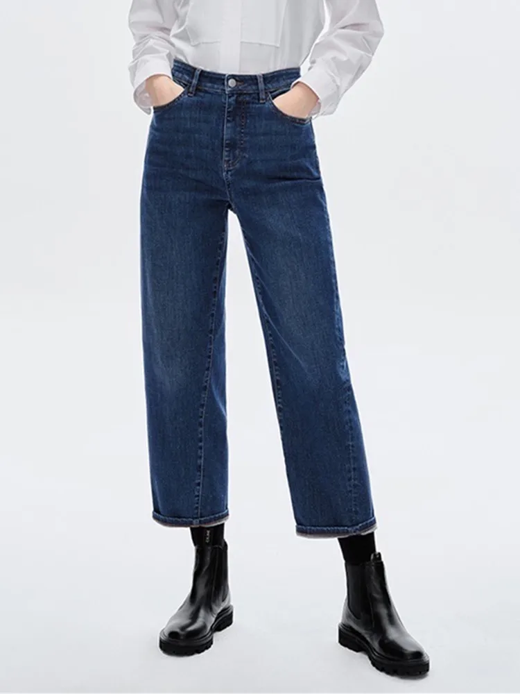 Women's Straight Warm Jeans Fleece Cotton High Waist Zipper Fly Solid Color Female Wide Leg Ankle-Length Pants 2022 Winter