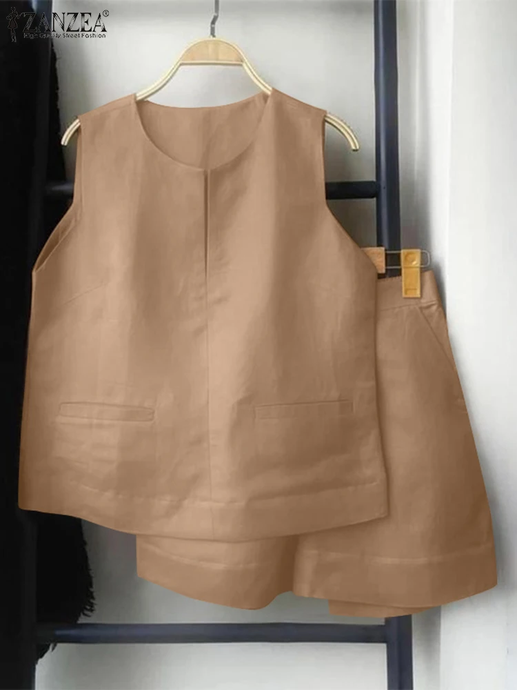 Комплект ZANZEA летний из 2 предметов повседневный Свободный Топ без рукавов и Шорты