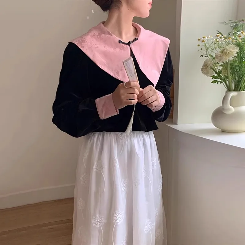 Новинка Вельветовая рубашка Neploe в китайском стиле с воротником Питер Пэн для