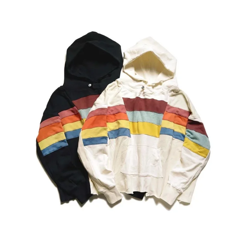 

KAPITAL 22AW Two Tone Cotton Wash Worn Patchwork Striped Hooded Loose Sweater Hoodie