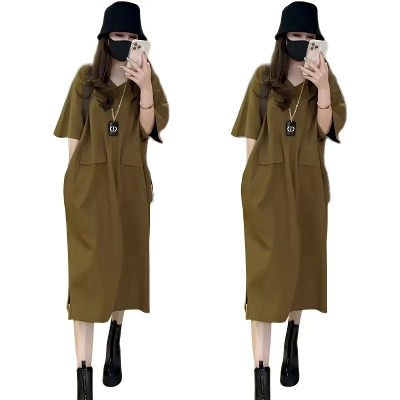 

New 2023 Women's Short Sleeve Temperament Dress Spring Summer Loose Solid Color Over The Knee Medium Long Style Dress 120 KG