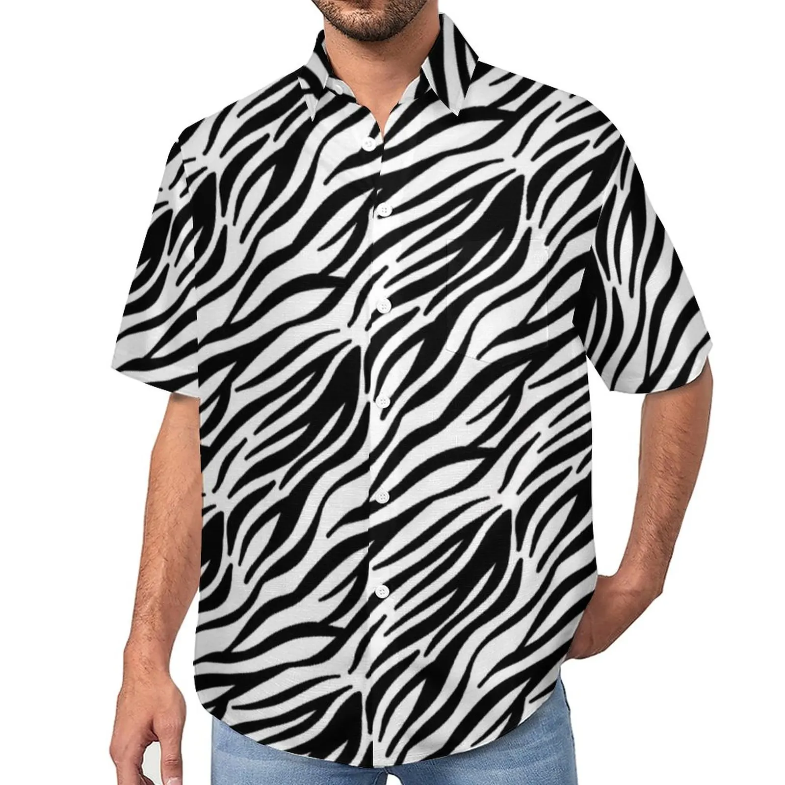 

Черно-белая Повседневная рубашка в полоску с принтом зебры, свободная рубашка для отпуска, Гавайские модные блузки, Одежда большого размера с коротким рукавом