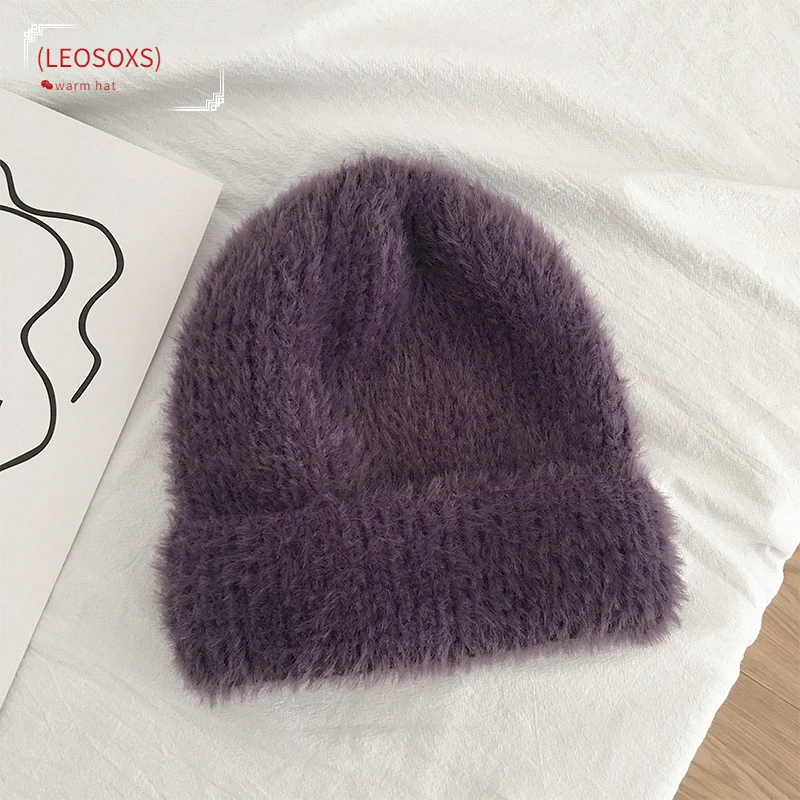 

(LEOSOXS) Soft Mohair Beanies Glutinous Wool Hat Purple New Autumn Winter Knitted Warm Beanies Fur Hats for Women Fashion