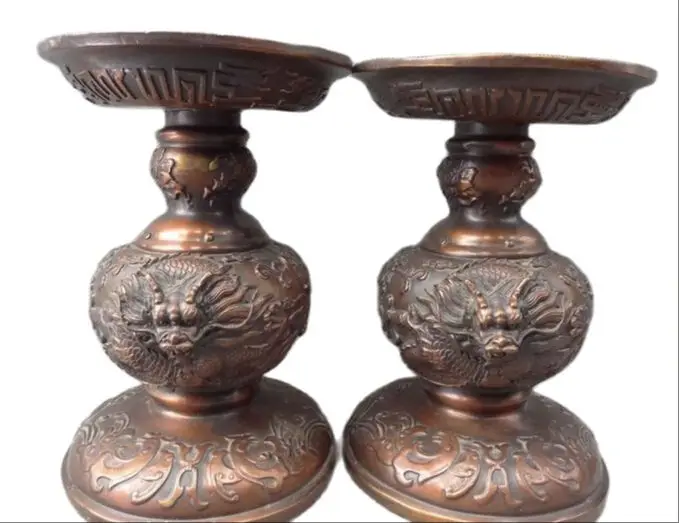 20CM A Pair Chinese Pure Bronze Wealth Dragon Head Flower Statue Candle Stick Holder