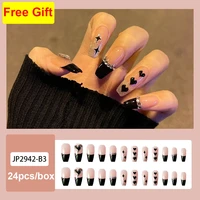 24pcs fake nails set press on faux ongles capsule tips supplies black french long acrylic nails with diamond heart star design