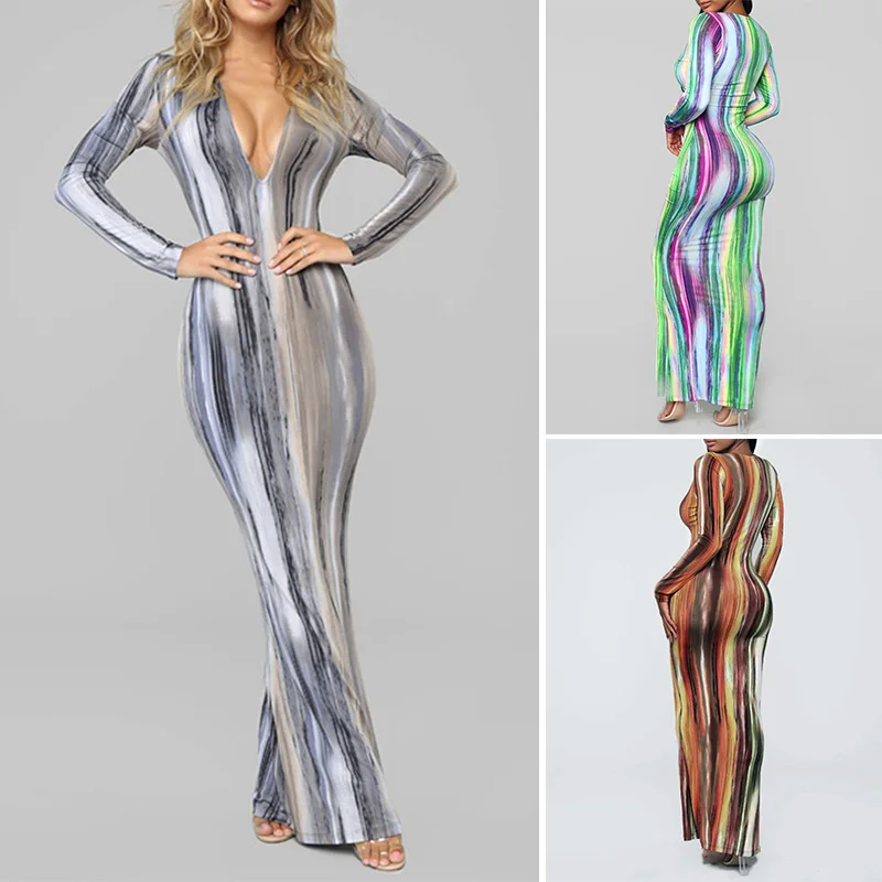 

Women Long Sleeve Print V-Neck Maxi Dress Spring Autumn Streetwear Party Elegant Outfits