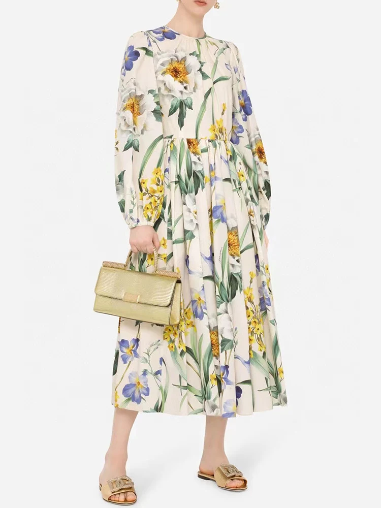 

Designer Vintage Print Round Neck Pullover High Waist Long Sleeve Dress Ladies Summer New Fashion Loose Draped Swing Puff Skirt