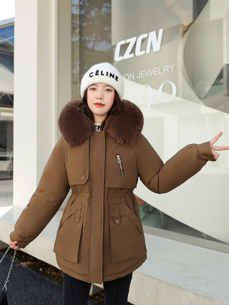2022 New Winter Big Pocket Jacket Women Parka Fashion Wool Liner Hooded Coat Loose With Fur Collar Warm Snow Wear Padded Clothes