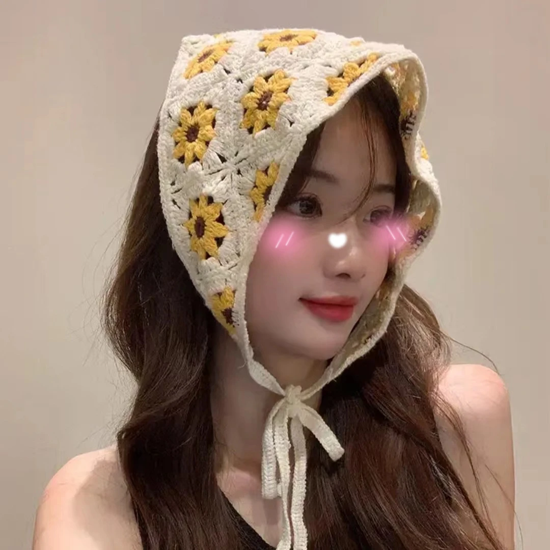 

Hot Sweet Bandage Turban Sunflower Knitting Handmade Crochet Hollow Headband Triangular Scarf Cute Strap Hair Bag Headscarf Hat