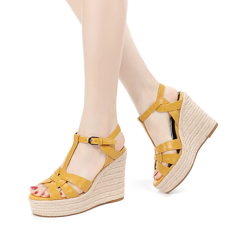 Summer Women's High Heel Sandals Thick Sole Flip-flops New Casual Shoes Leather Stripe Open Toe Women's Party Sandals Size 43