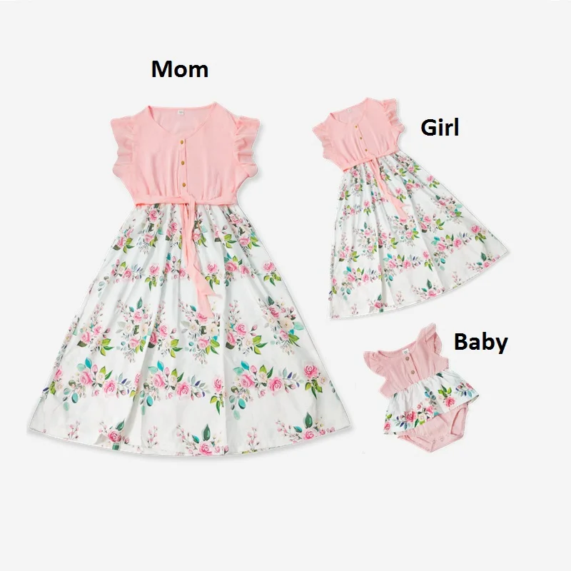 

Family Look Ruffled Sleeve Mother and Daughter Dresses Flower Mommy and Me Clothes Fashion Woman Girls Cotton Dress Baby Romper