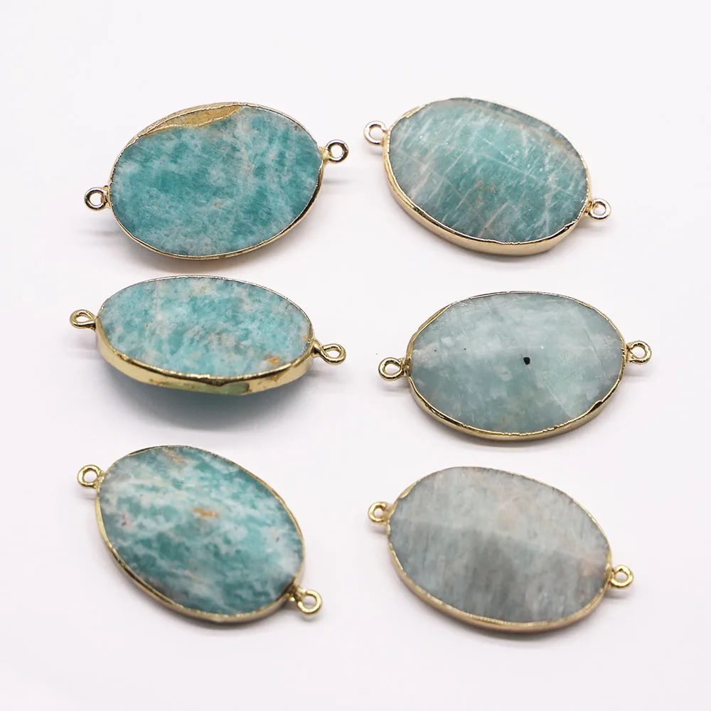 

Natural Stone Oval Amazons Slice Gold Plated Edge Pendants Necklace Connector Mineral Healing Charms Jewelry Wholesale Gift 4Pcs