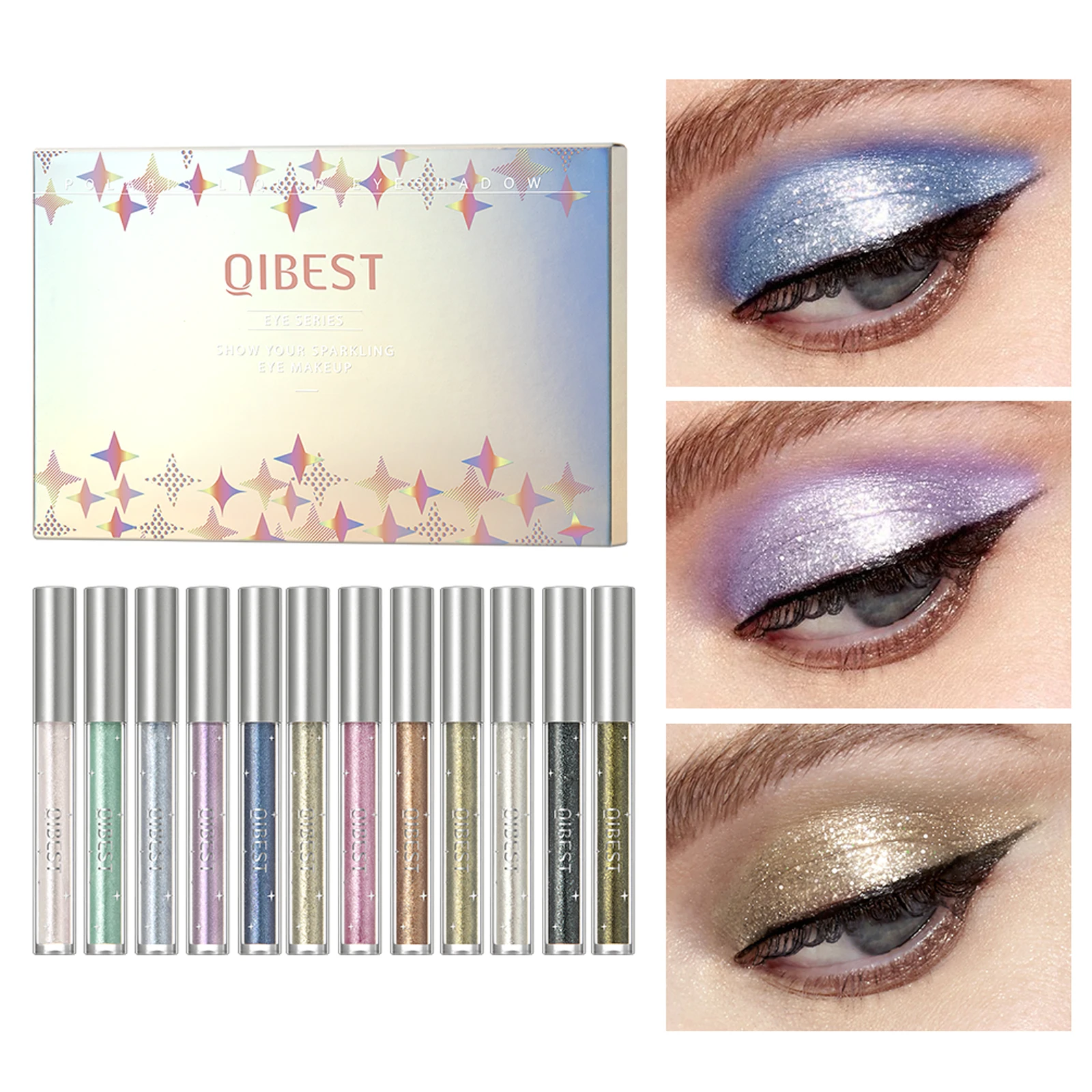 QIBEST Glitter Shimmer Eyeshadow Pen Set Cosmetic Shadow Pencil Eyeliner Quick-drying Liquid Sticker Outline Eyemakeup