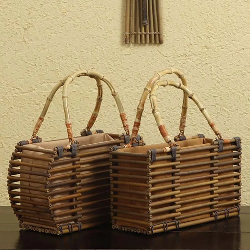 

Bamboo Handbag Bamboo Woven Basket Chinese Style Zen Retro Tea Clothes Women'S Bag Tea Ceremony Tea Set Storage Bag