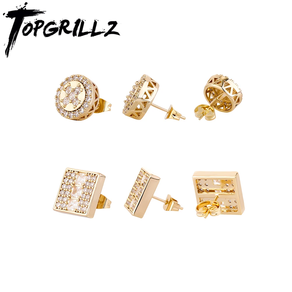 

TOPGRILLZ Hip Hop Gold Silver Color Round Earrings Iced Cubic Zircon Micro Pave CZ Square Shape Stud Earrings For Women Jewelry