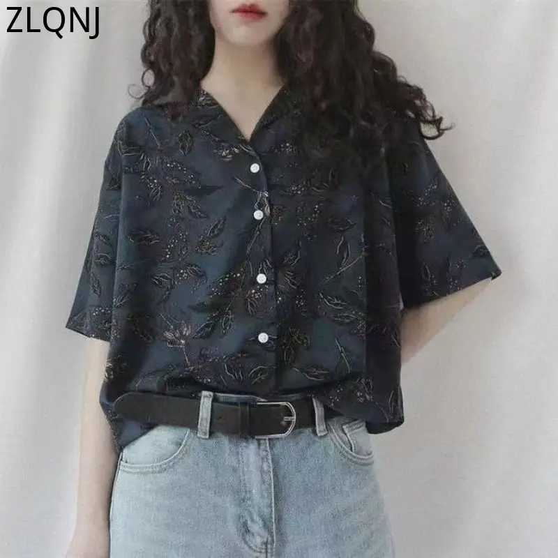 

Vintage Hawaiian Shirt Women Summer Clothes Elegant Leaf Print Blouses Tops Ladies Button Up Shirt Turn Down Collar Short Sleeve