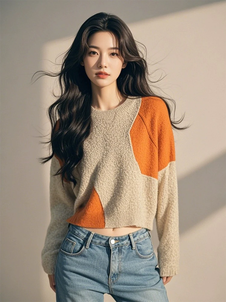 Brown Patchwork Round neck sweater Women 2024 Autumn and Winter New Retro French sle Graceful High Sense Knit Top