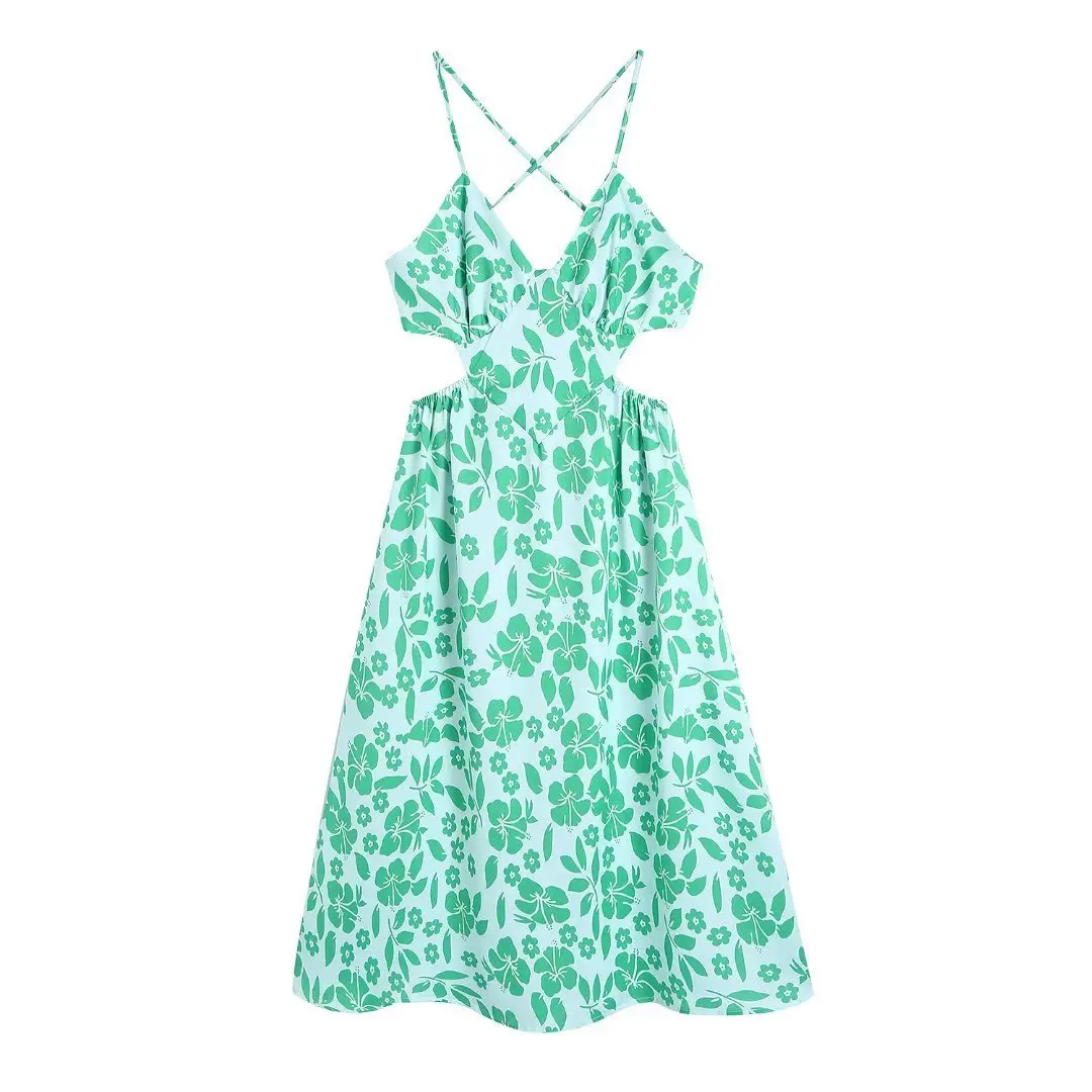 

MOYATIIY женское модное летнее платье 2022 ретро цветочный принт зеленые пляжные платья с открытой спиной разрезанный дизайн женские платья